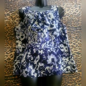 Anne Klein Blue & White Sheer Floral Top Large